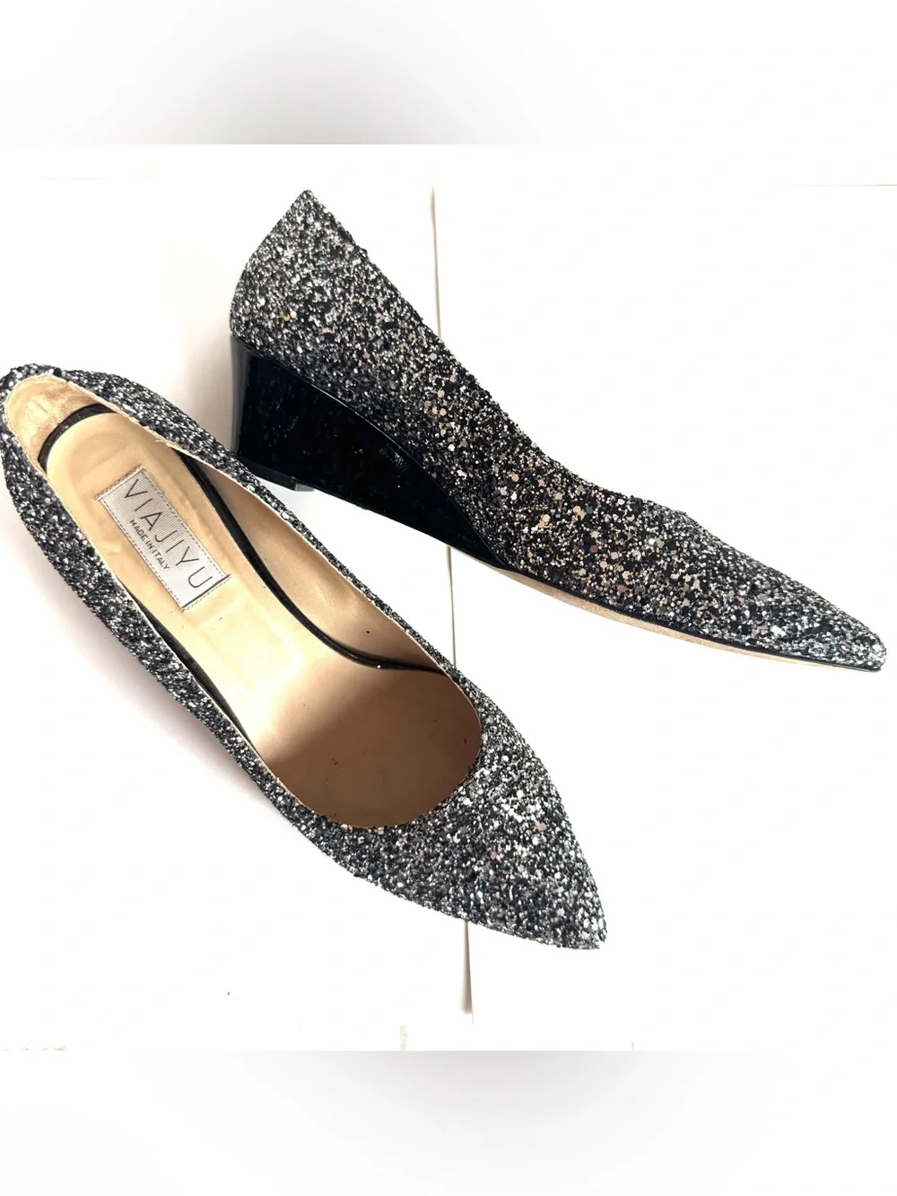 Viajiyu Italy Womens Silver Glitter Pointed-Toe Wedge heels EU 39/ US 8.5-9